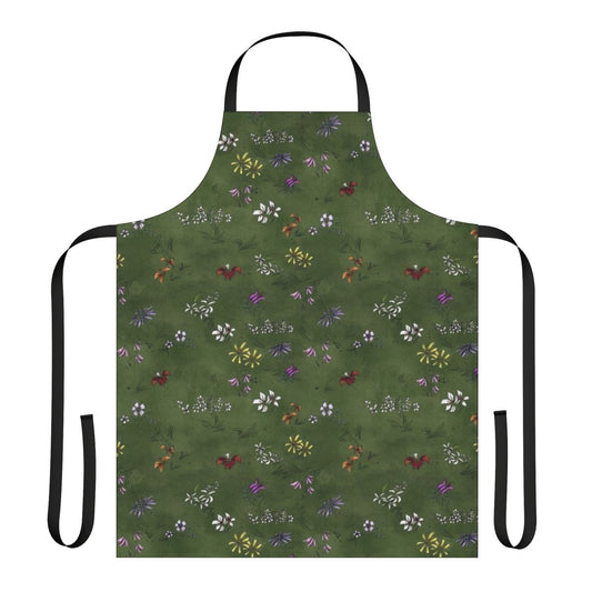 An apron featuring a vibrant flower field pattern, inspired by the game Don't Starve.