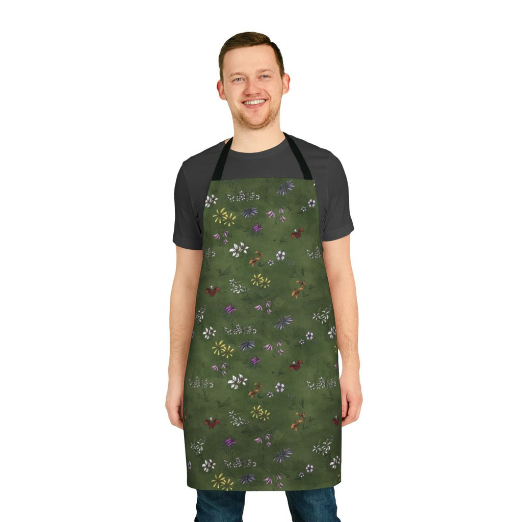 An apron featuring a vibrant flower field pattern, inspired by the game Don't Starve.