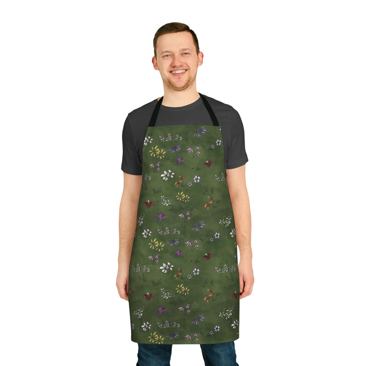 An apron featuring a vibrant flower field pattern, inspired by the game Don't Starve.