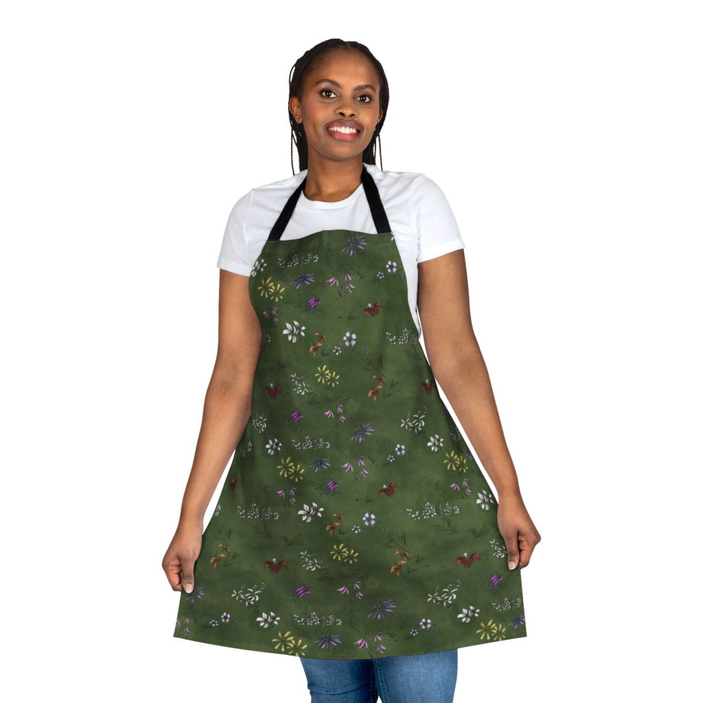 An apron featuring a vibrant flower field pattern, inspired by the game Don't Starve.