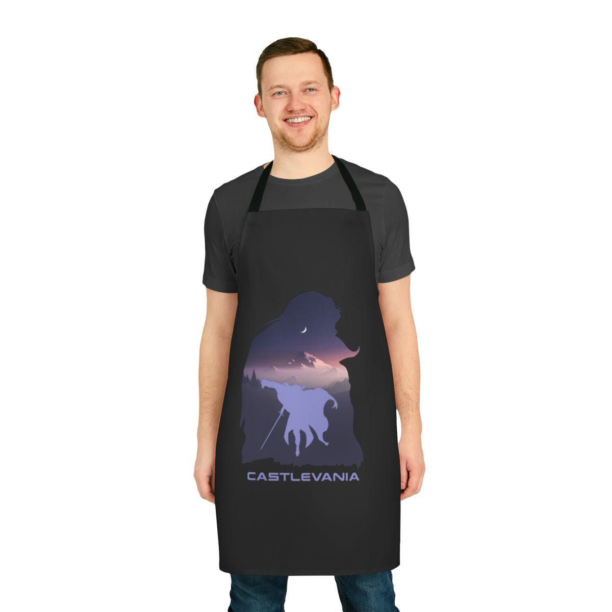 Blue-themed Castlevania-inspired apron with night sky, mountains, and Alucard's sword design