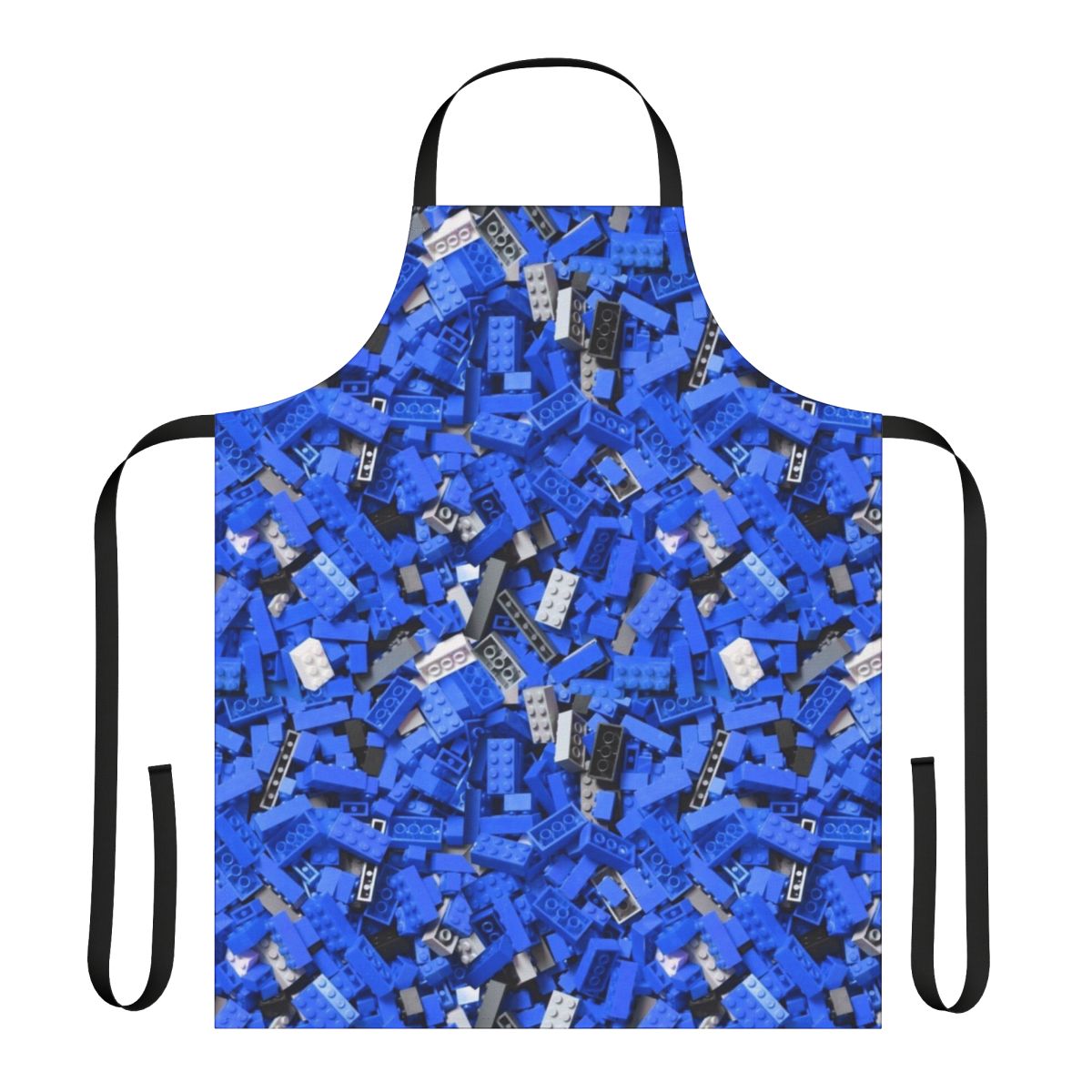 Blue apron with a repeating pattern of decorative building blocks or bricks