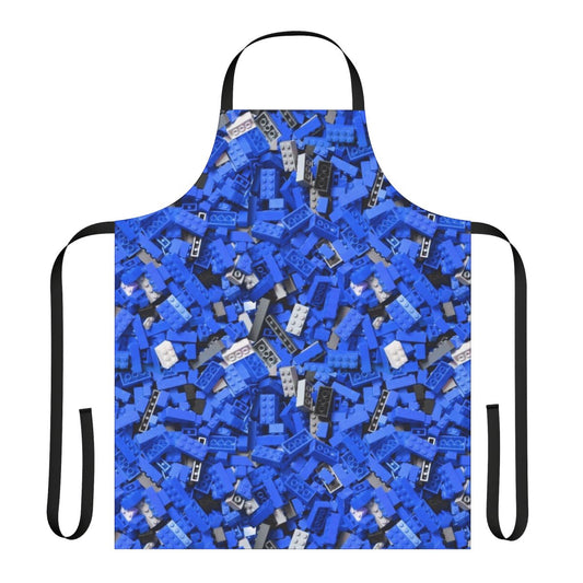 Blue apron with a repeating pattern of decorative building blocks or bricks