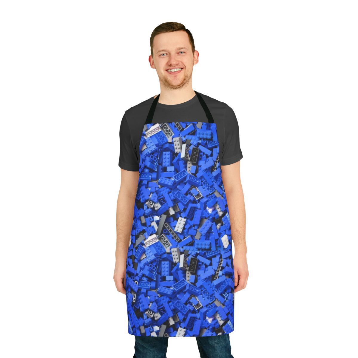 Blue apron with a repeating pattern of decorative building blocks or bricks