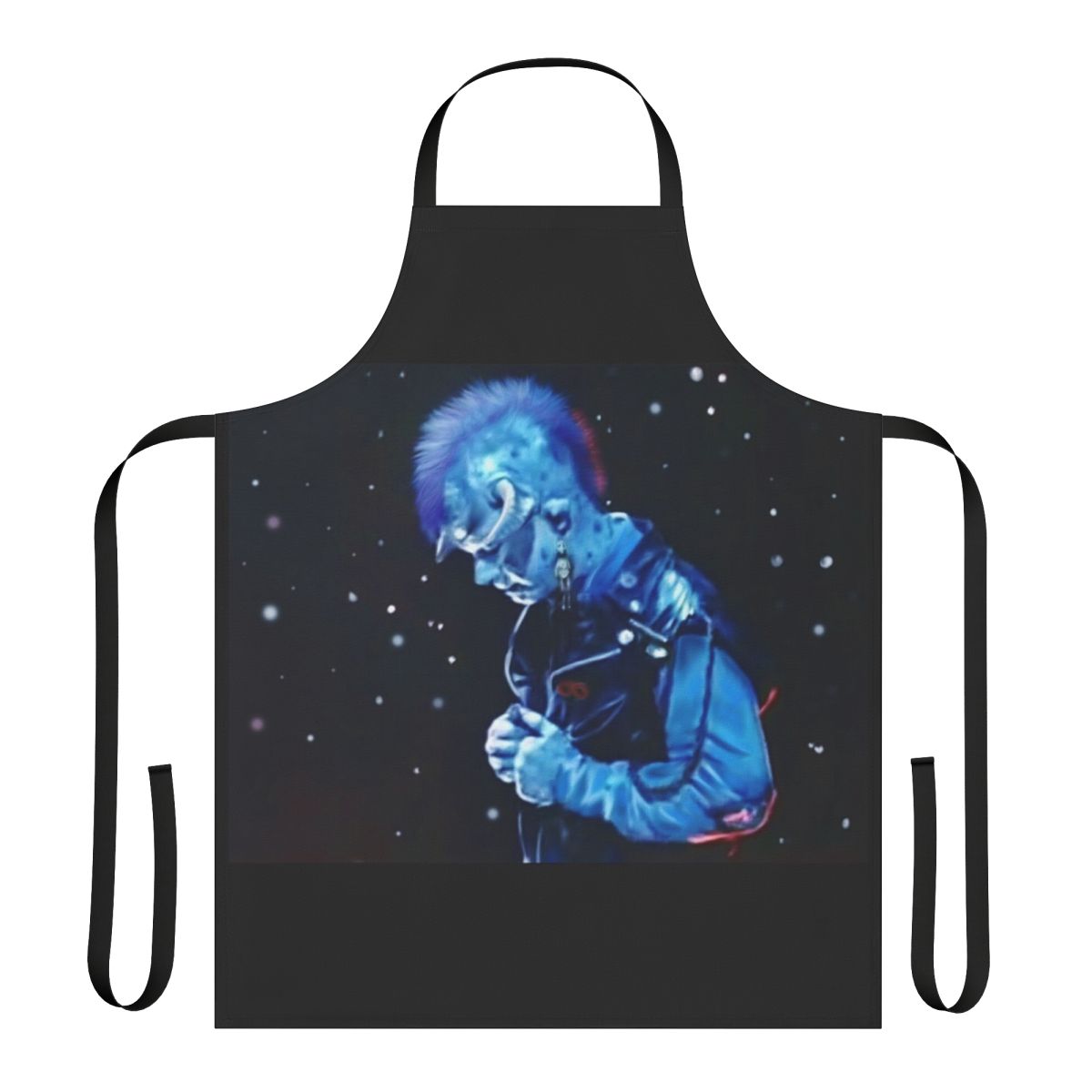 Blue monster creature apron with 80s nostalgia design