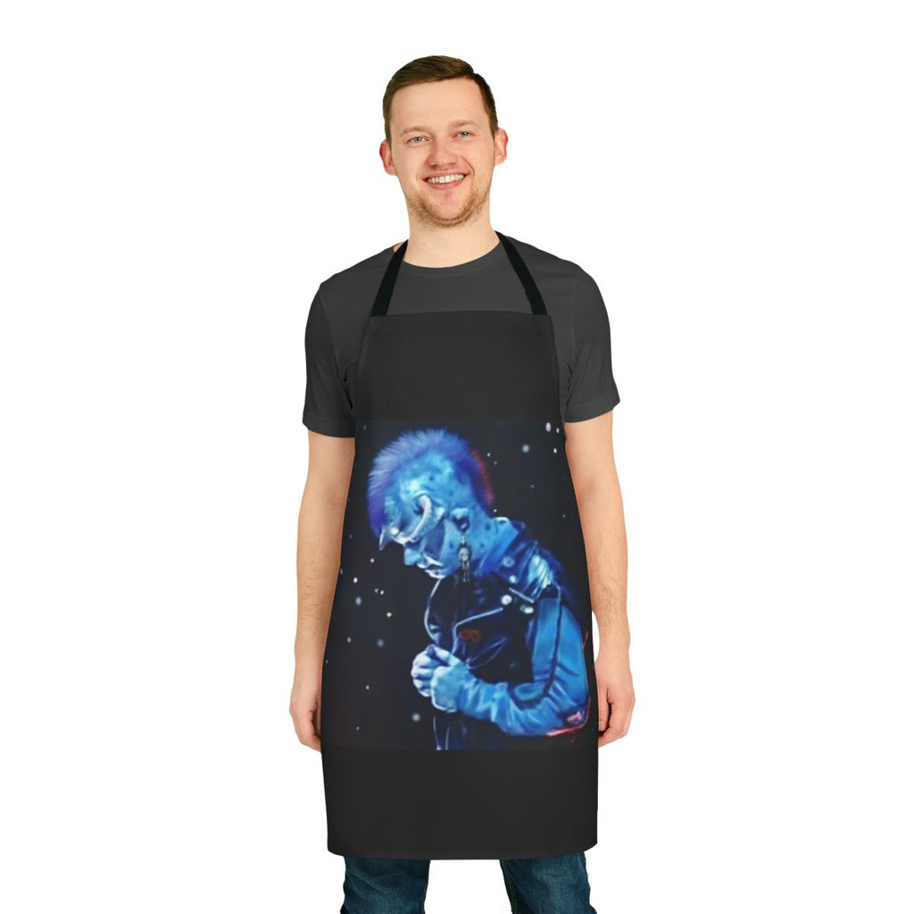 Blue monster creature apron with 80s nostalgia design