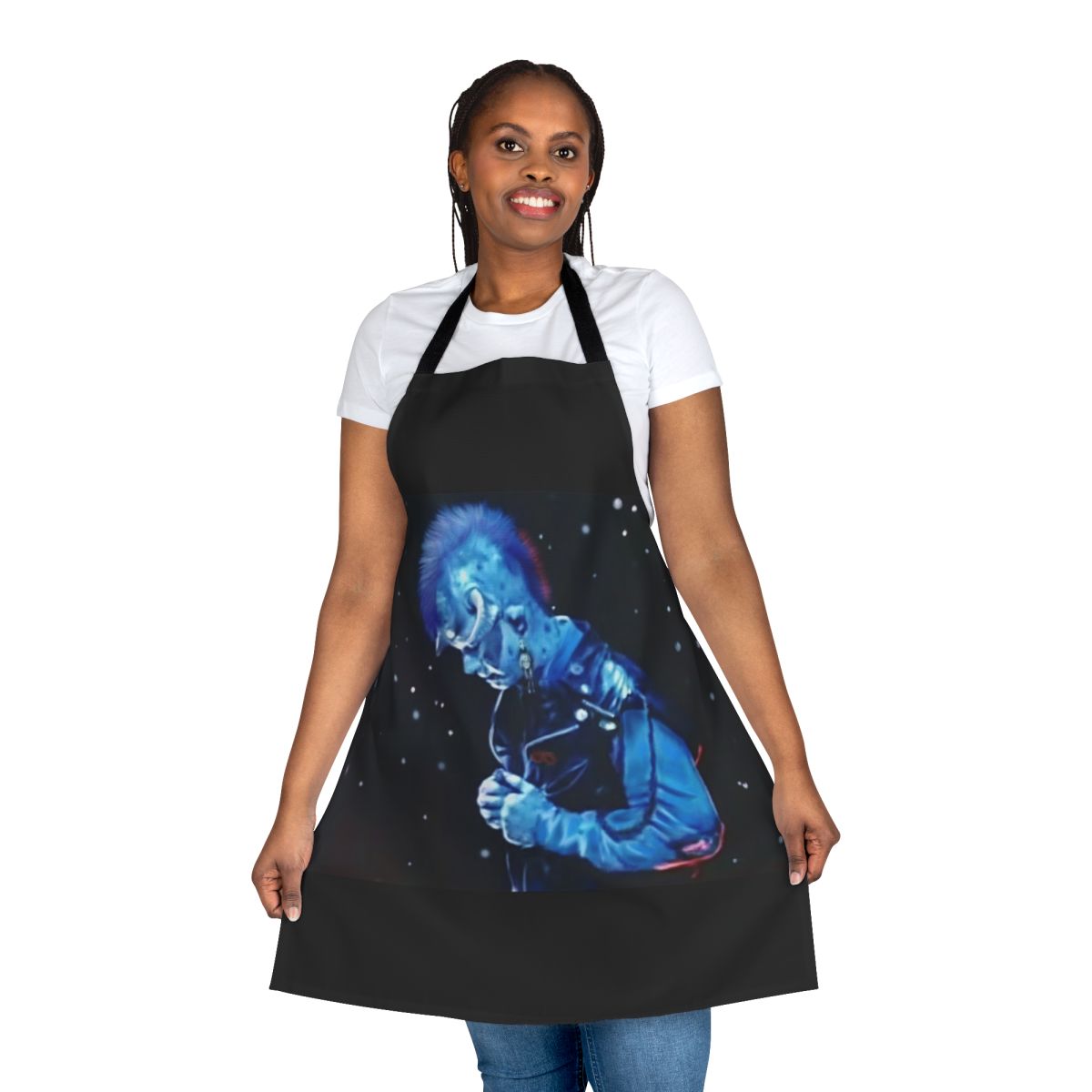 Blue monster creature apron with 80s nostalgia design
