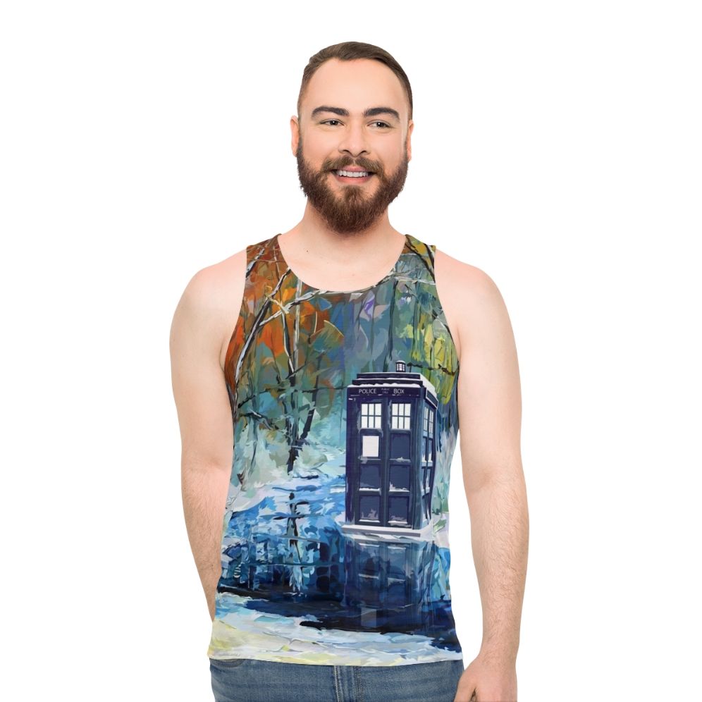 Blue Phone Booth with Winter Scenery Unisex Tank Top