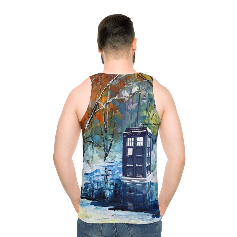 Blue Phone Booth with Winter Scenery Unisex Tank Top