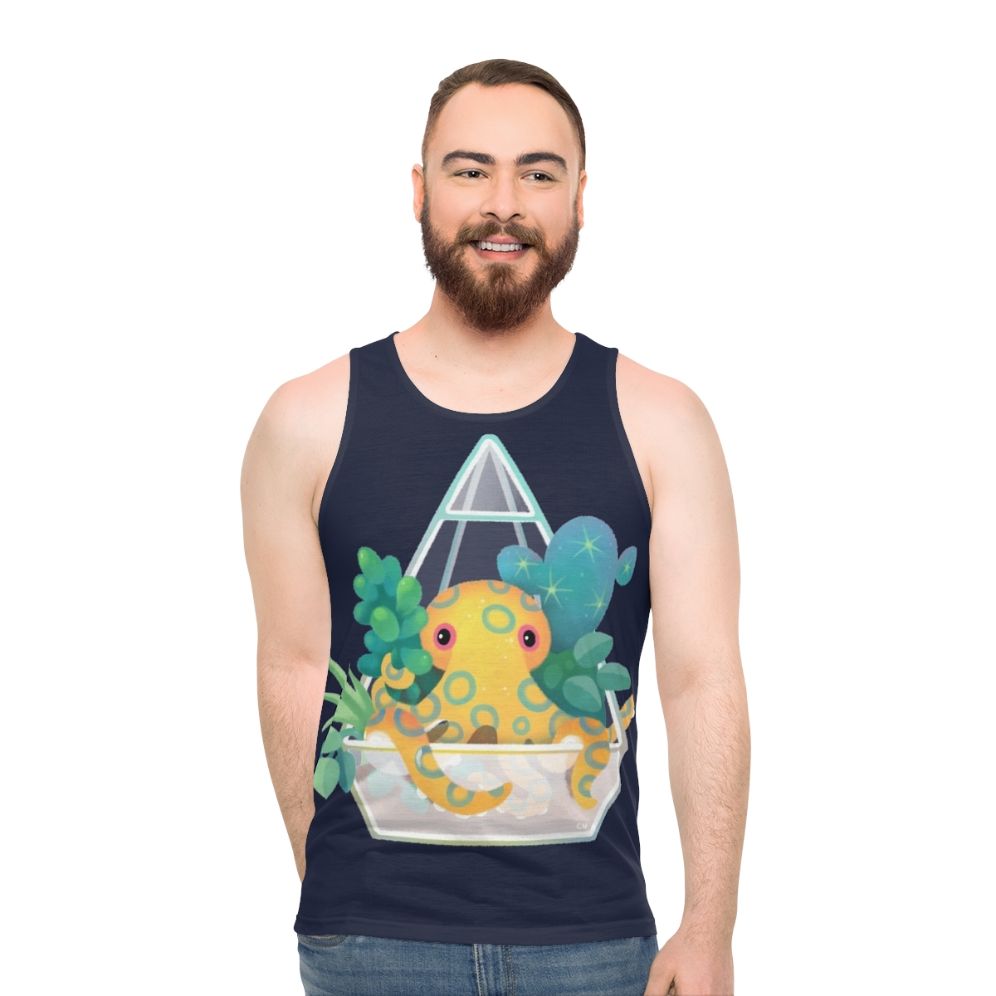Blue ringed octopus swimming in an ocean terrarium design on a unisex tank top