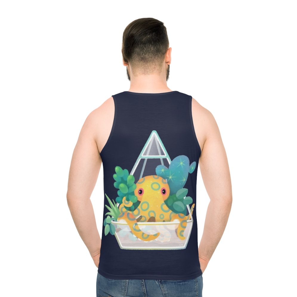Blue ringed octopus swimming in an ocean terrarium design on a unisex tank top
