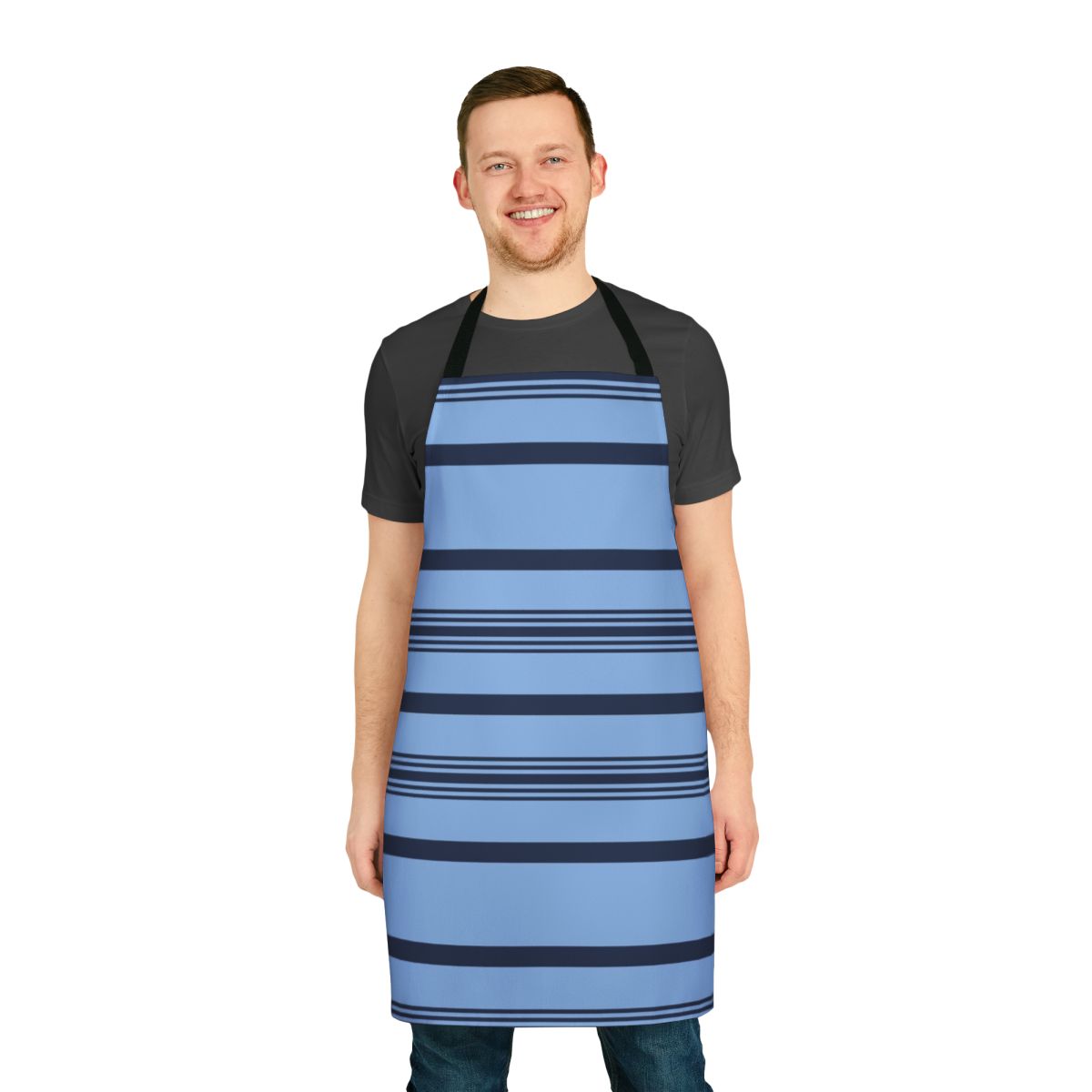 Blue and white striped apron with "Dear Evan Hansen" design, inspired by the popular Broadway musical