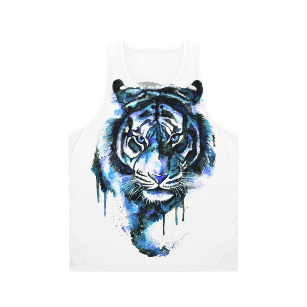 Blue tiger graphic on a unisex tank top