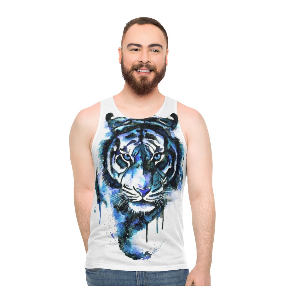 Blue tiger graphic on a unisex tank top