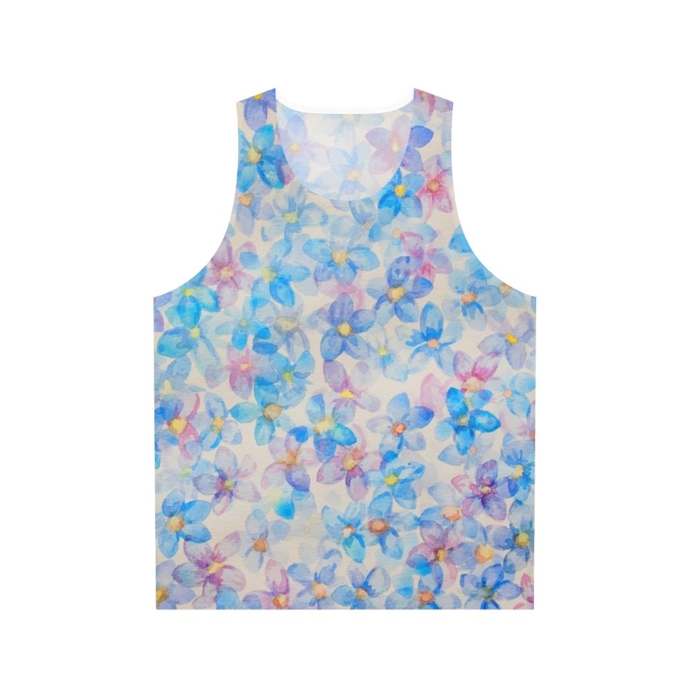 Blue watercolor flower buds painting on unisex tank top