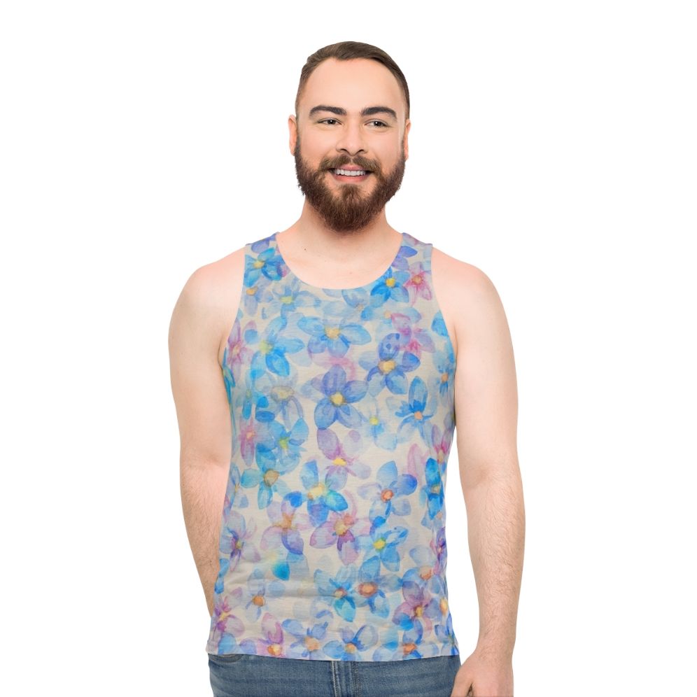 Blue watercolor flower buds painting on unisex tank top