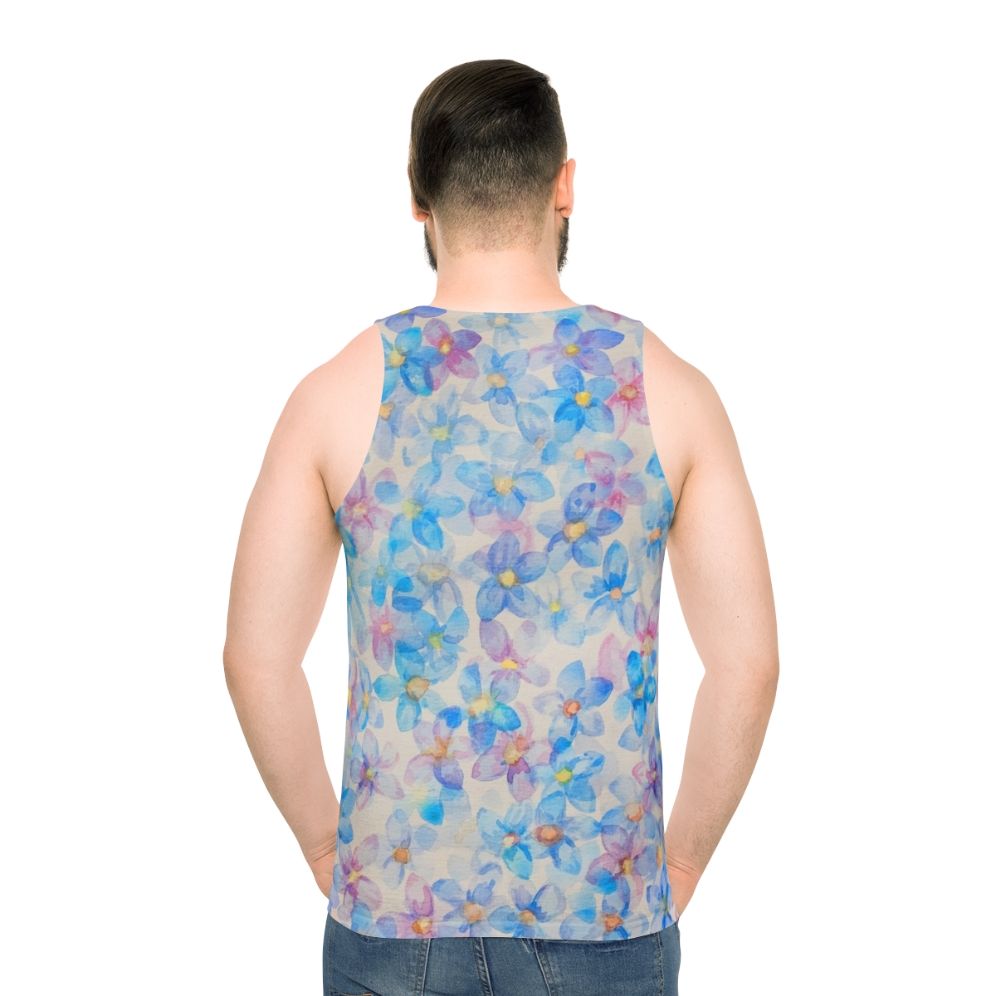 Blue watercolor flower buds painting on unisex tank top