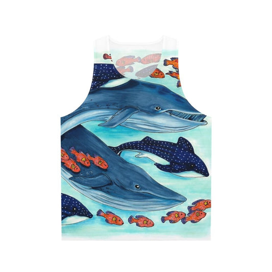 Blue whale, whale shark, and other sea life depicted on a unisex tank top