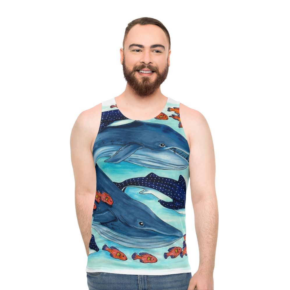 Blue whale, whale shark, and other sea life depicted on a unisex tank top