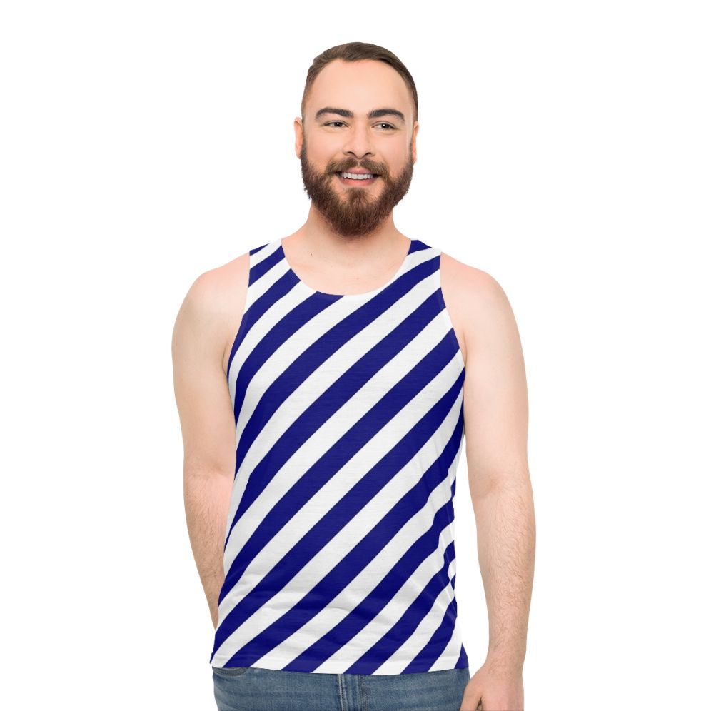 Blue and white diagonal striped unisex tank top