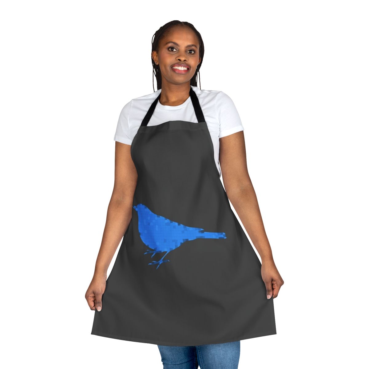 Bluebird-inspired apron featuring a design of legendary animals in a colorful, abstract style