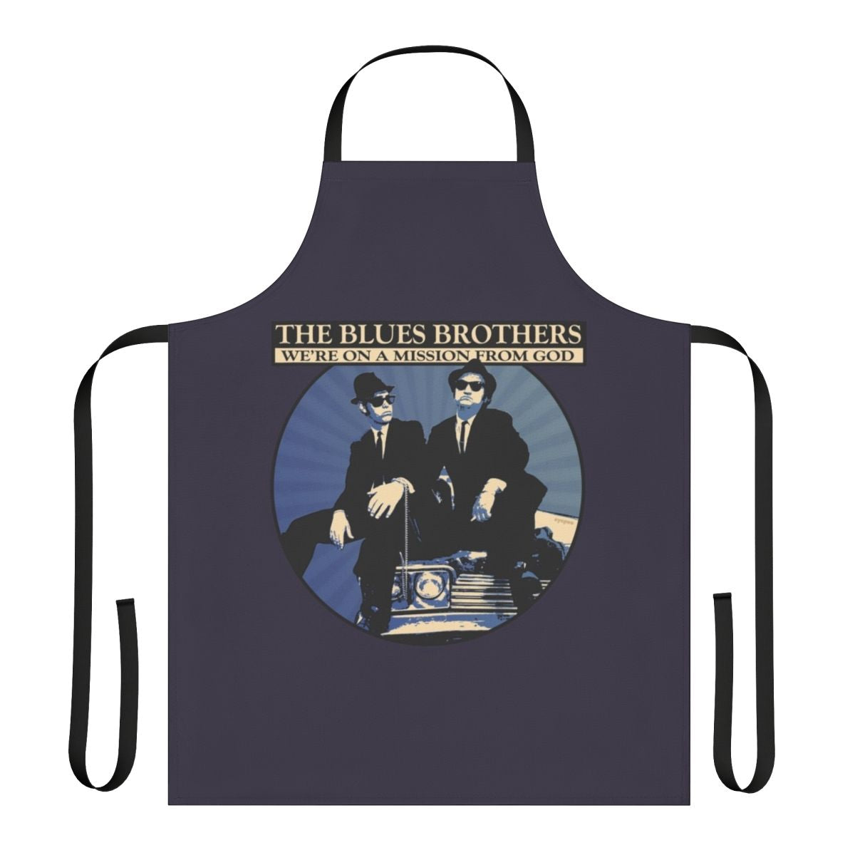 Blues Brothers inspired apron with "Mission from God" design