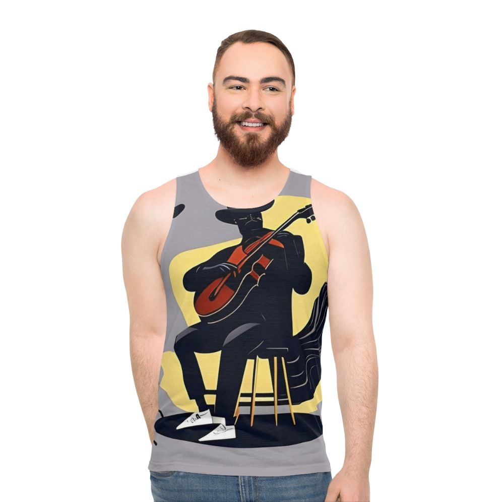 Blues inspired unisex tank top with musical instruments