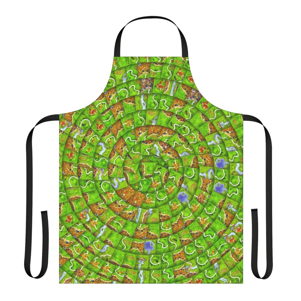Carcassonne-inspired swirl pattern apron with board game elements