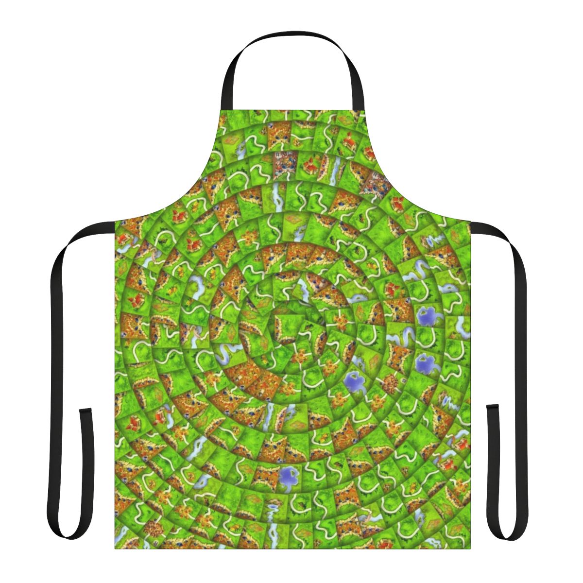 Carcassonne-inspired swirl pattern apron with board game elements