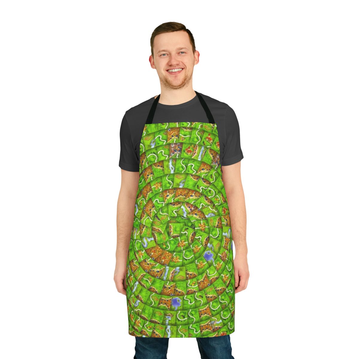 Carcassonne-inspired swirl pattern apron with board game elements