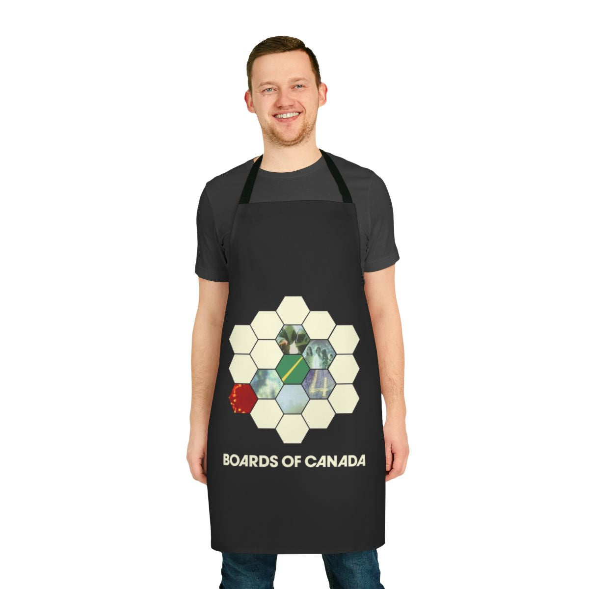 Boards of Canada inspired kitchen apron with ambient electronic music graphics