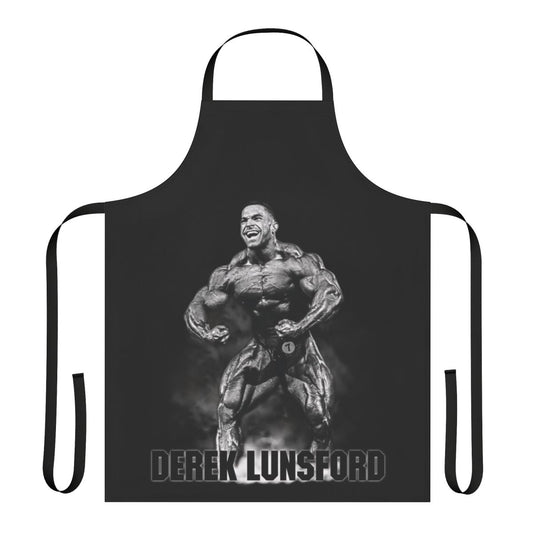 Apron featuring an illustration of bodybuilder Derek Lunsford, known for his impressive musculature.
