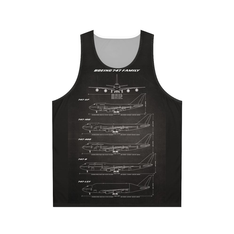 Boeing 747 aircraft blueprint design on black unisex tank top
