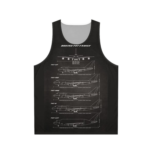 Boeing 747 aircraft blueprint design on black unisex tank top