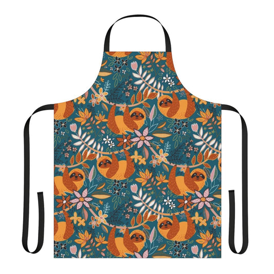 Boho sloth floral apron with teal, orange, brown, and blush colors