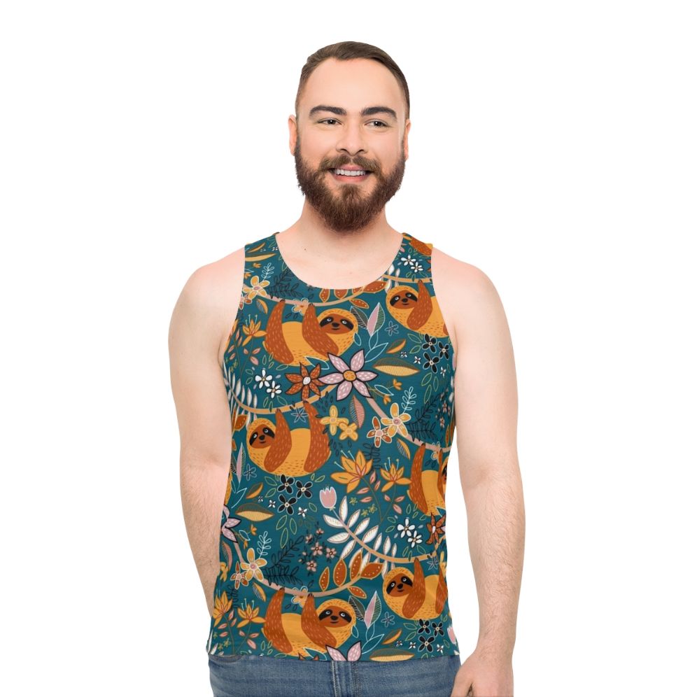 Boho sloth floral teal unisex tank top