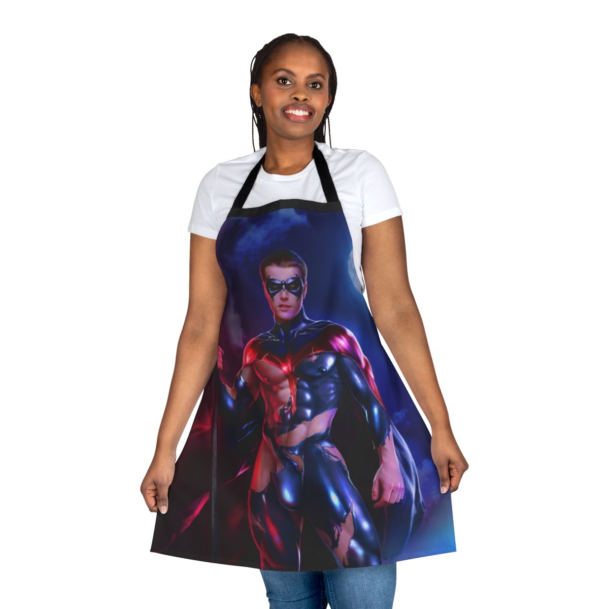 Vibrant red apron with a bold design, perfect for fitness enthusiasts and home cooks