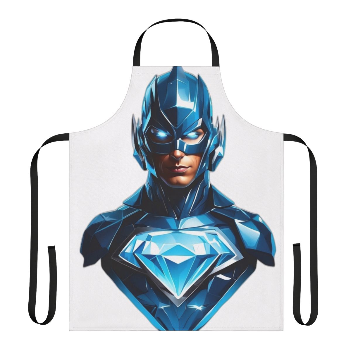 A sleek and stylish superhero-inspired apron with a bold blue color and a glowing diamond design.
