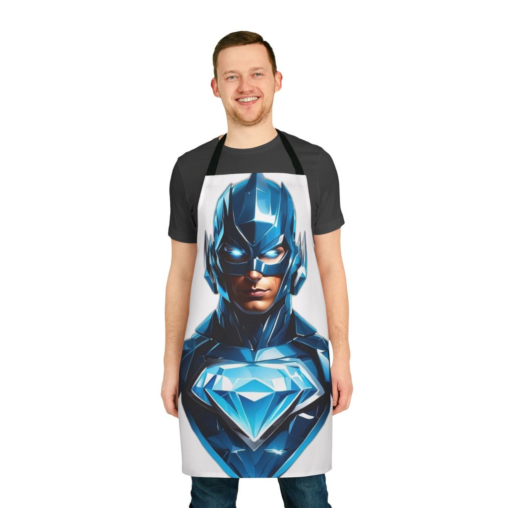 A sleek and stylish superhero-inspired apron with a bold blue color and a glowing diamond design.