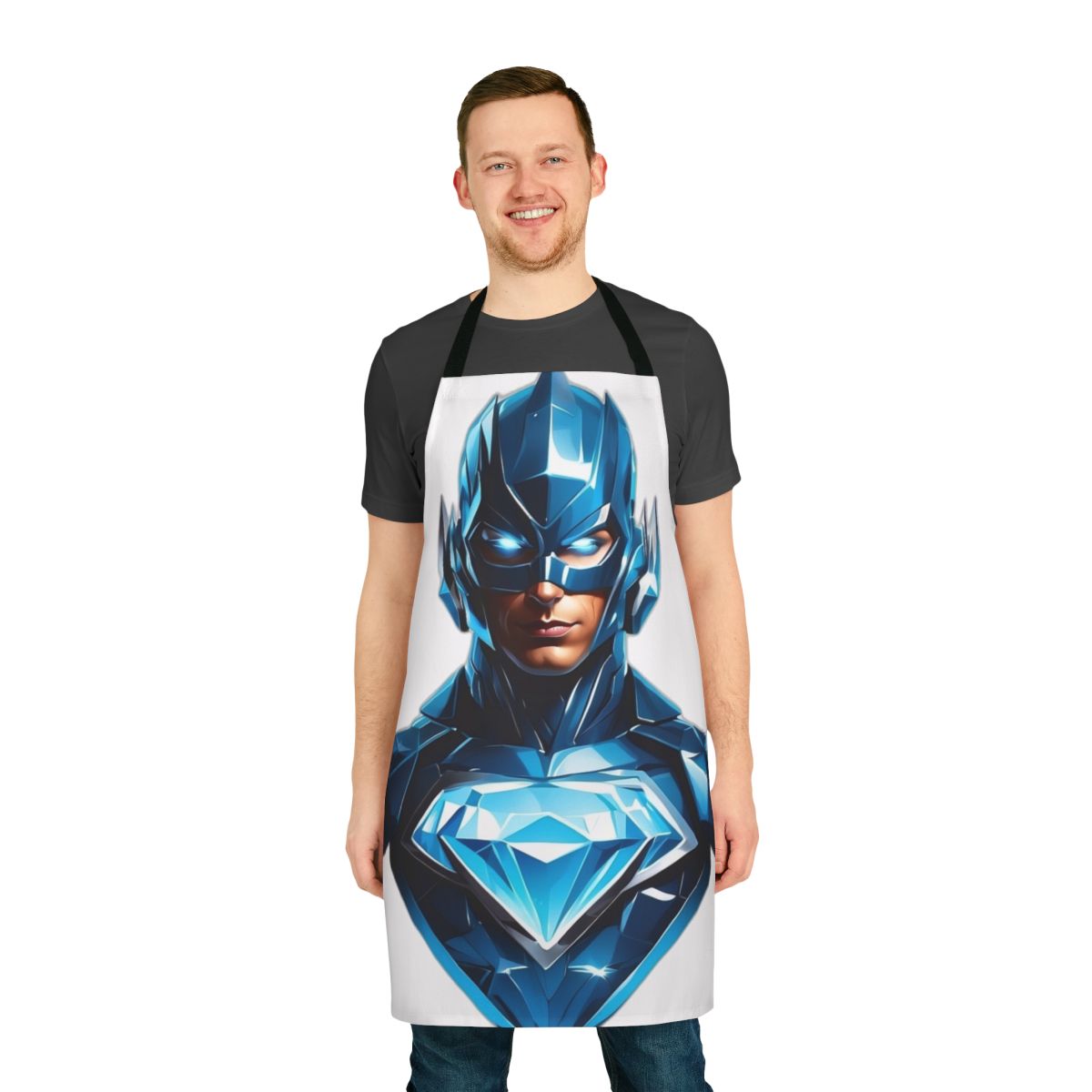 A sleek and stylish superhero-inspired apron with a bold blue color and a glowing diamond design.