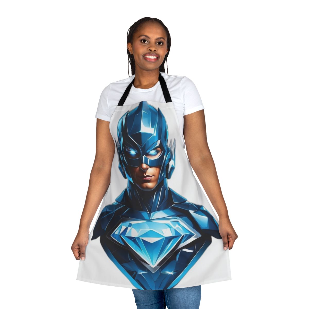 A sleek and stylish superhero-inspired apron with a bold blue color and a glowing diamond design.