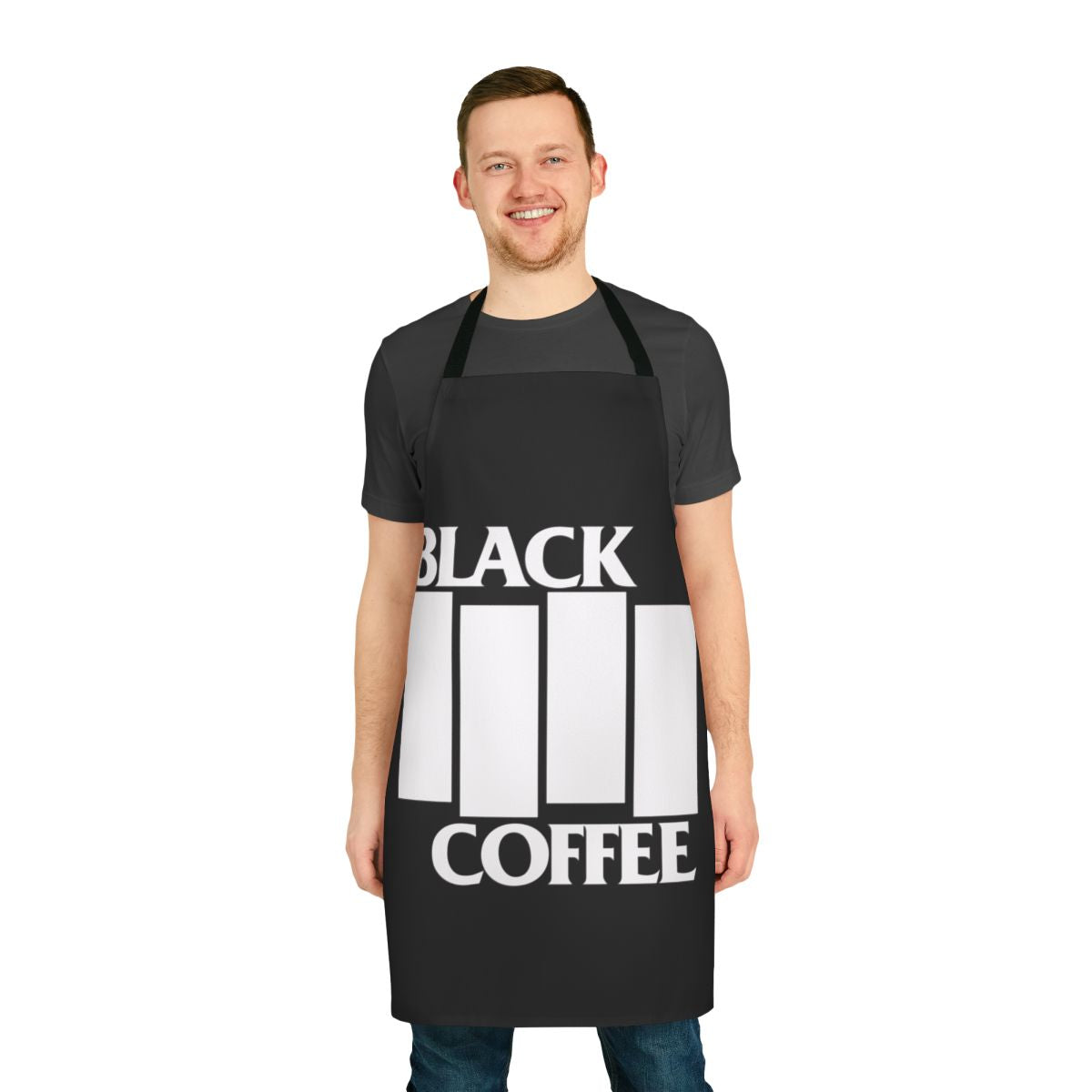 Black apron with coffee and music graphics for hardcore coffee and metalcore fans
