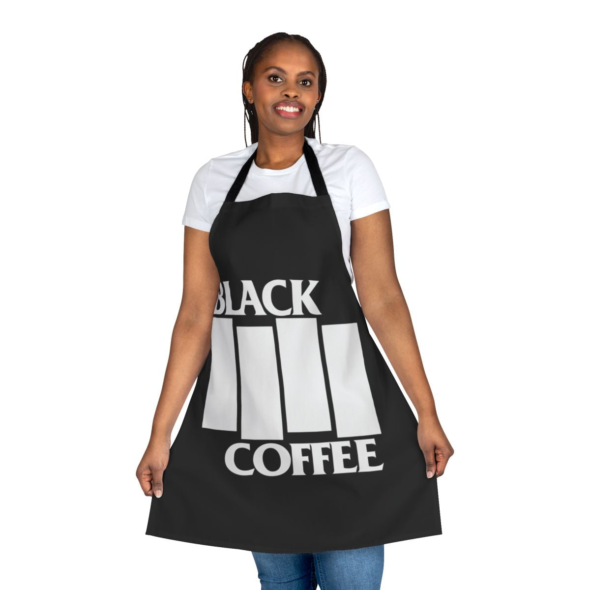 Black apron with coffee and music graphics for hardcore coffee and metalcore fans