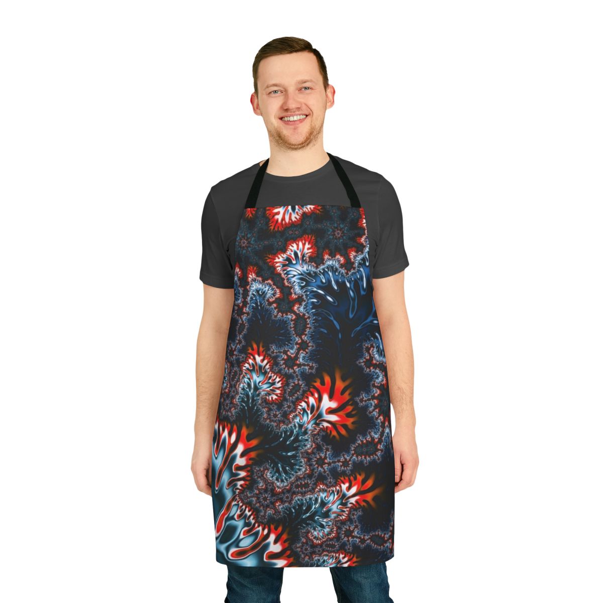 Vibrant coral fractal pattern design on a high-quality apron for the kitchen.