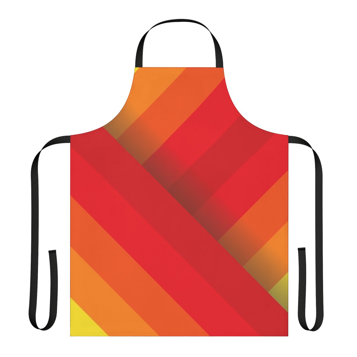 A vibrant, modern apron featuring diagonal stripes in warm shades of red, orange, and yellow.