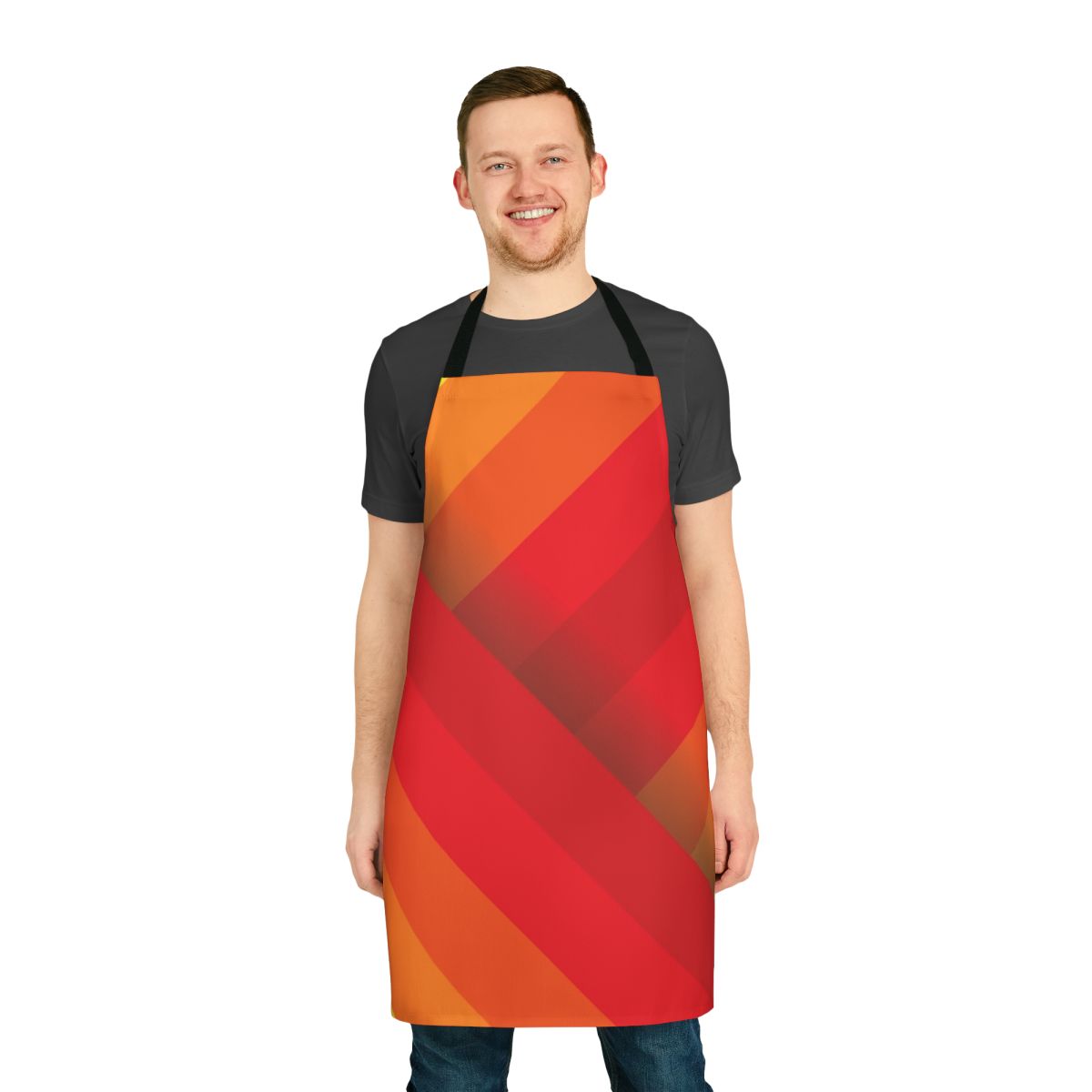 A vibrant, modern apron featuring diagonal stripes in warm shades of red, orange, and yellow.