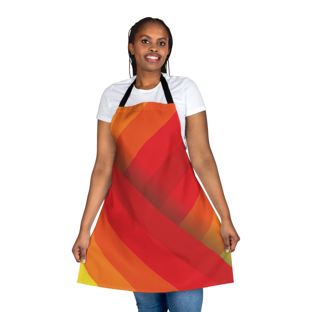 A vibrant, modern apron featuring diagonal stripes in warm shades of red, orange, and yellow.