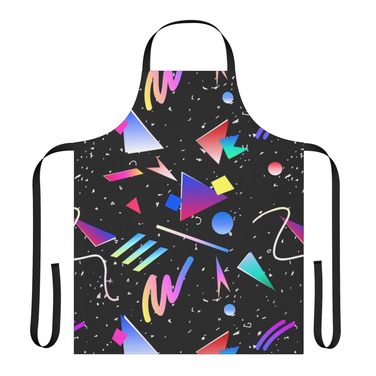 A bold black and white geometric apron with a retro 80s 90s inspired design