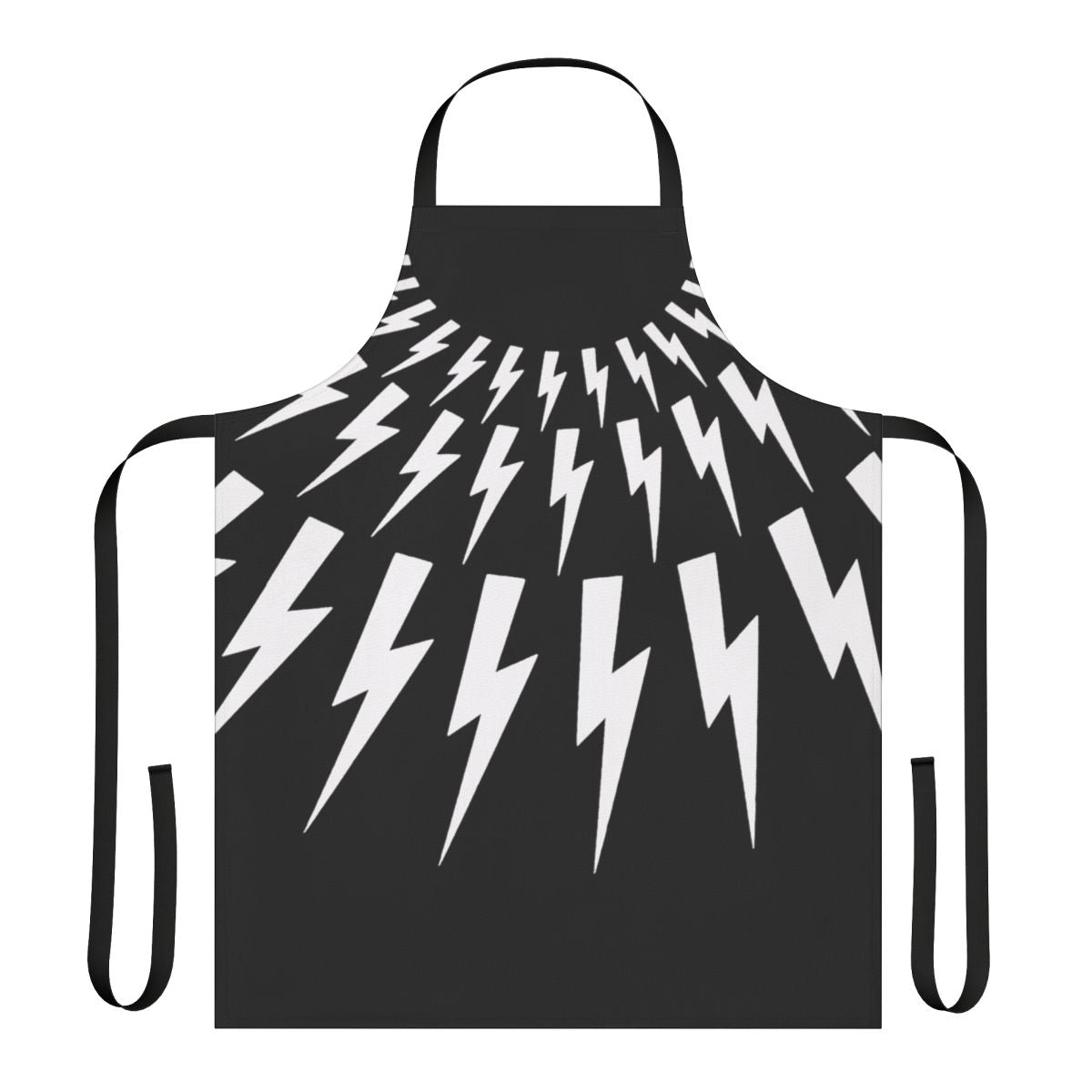 Sleek black and white lightning bolt graphic design printed on a high-quality kitchen apron