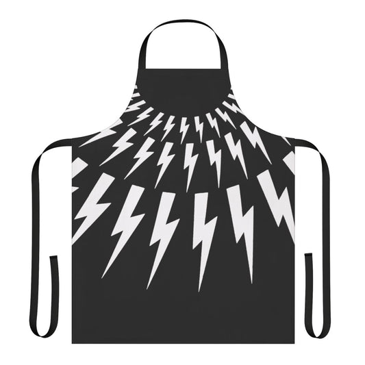 Sleek black and white lightning bolt graphic design printed on a high-quality kitchen apron